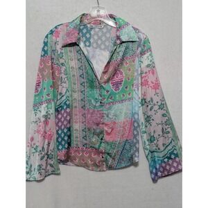 Zara Patchwork Print Button Down Shirt Multicolor Paisley Floral Blouse Small